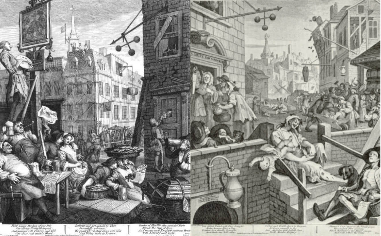 Hogarth -- Beer Street and Gin Lane (Source: Wikipedia)